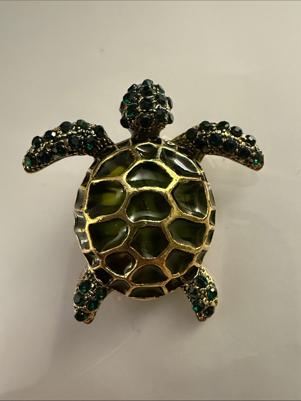 Gold-Tone Turtle Brooch with Emerald Glass Accents